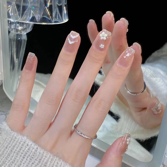 Elegant Bridal Medium Square Pink Glitter Press On Nail Set with 3D Floral Accents