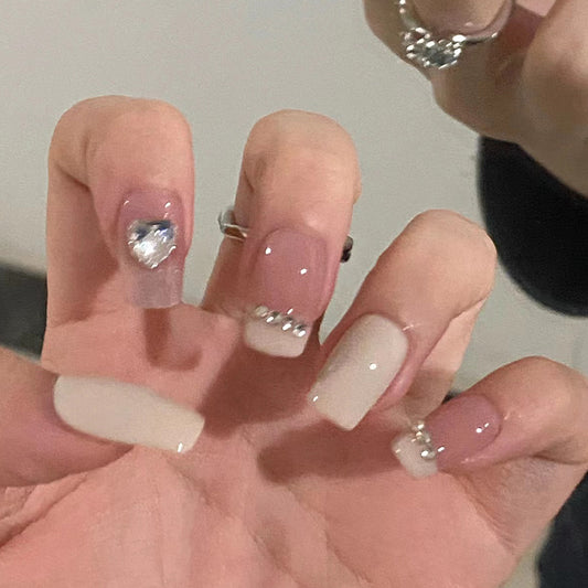 Elegant Bridal Collection Long Square Pale Pink and White Ombre Press On Nail Set with Rhinestone Accents