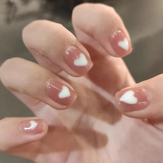 Romantic Square-Shaped Medium Length Pink Press On Nails with White Heart Accents