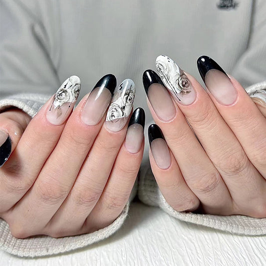 Enchanted Elegance Long Oval Black and Clear Press On Nails with Monochromatic Rose Art Design