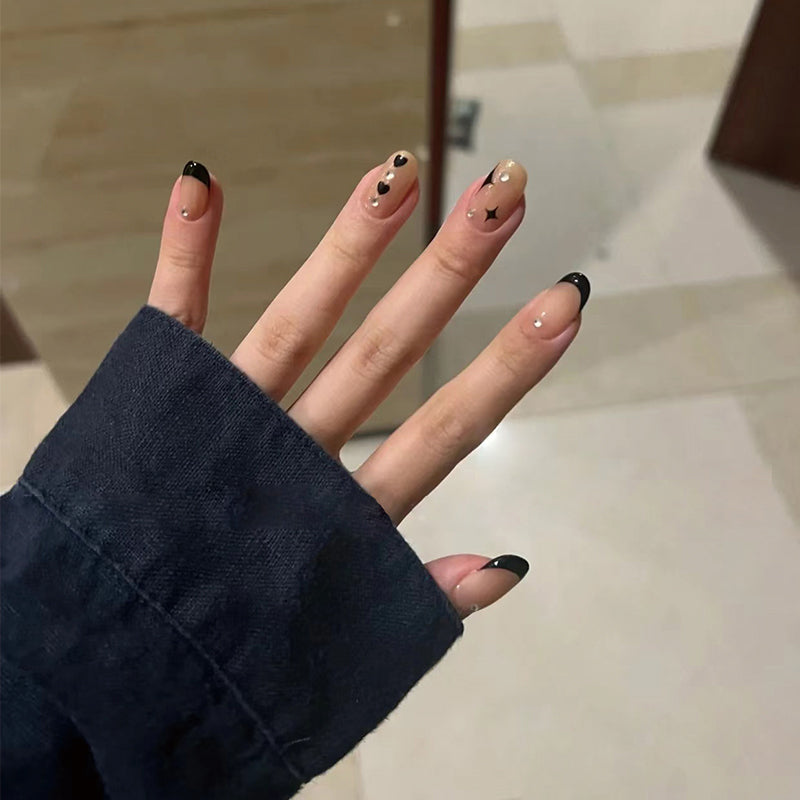 Chic Elegance Long Oval Black and beige Press On Nail Set with Minimalist Accents