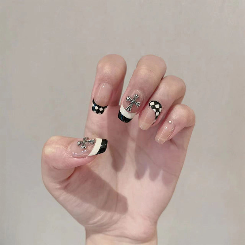 Monochrome Magic Long-Length Coffin Black and White Checkered Press On Nail Set with Sparkle Accents