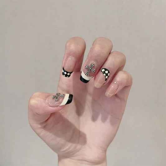Monochrome Magic Long-Length Coffin Black and White Checkered Press On Nail Set with Sparkle Accents