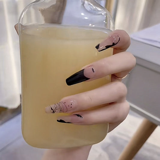 Enchanted Elegance Long Coffin Ombre Pink and Black Press On Nail Set with Artistic Accents