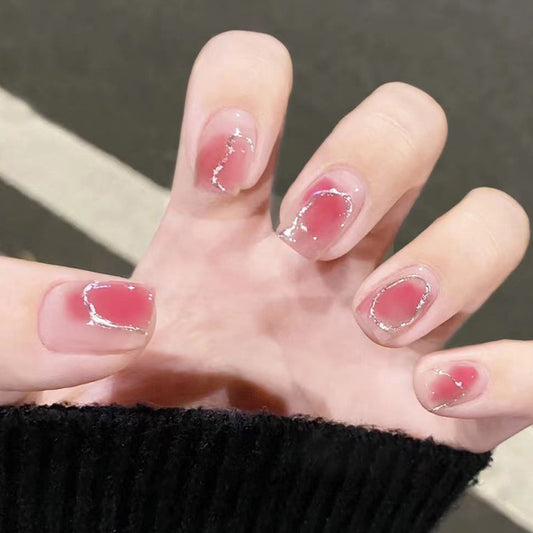 Elegant Romance Medium Square Pink Press On Nails with Marble Accent Design