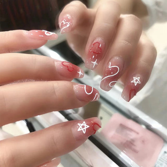 Enchanted Love Long Coffin Pink Gradient Press On Nail Set with Heart Accents and Star Charms