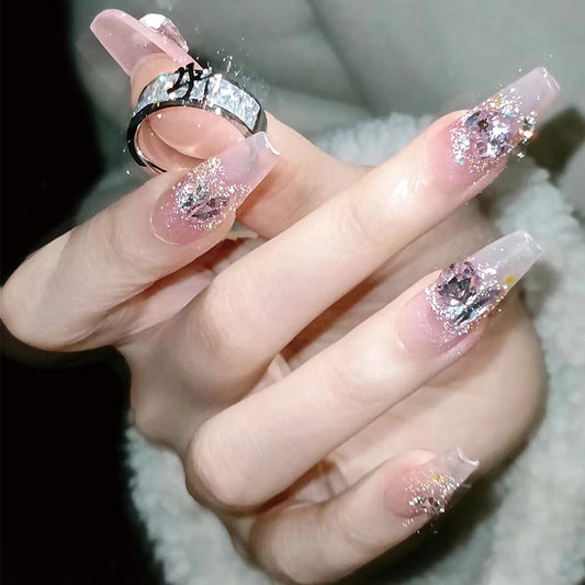Enchanted Glamour Long Coffin Pink Glitter Accent Rhinestone Press On Nail Set