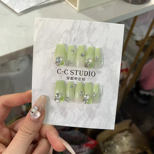 Spring Blossom Long Coffin Lime Green Press On Nail Set with Rhinestone Accents