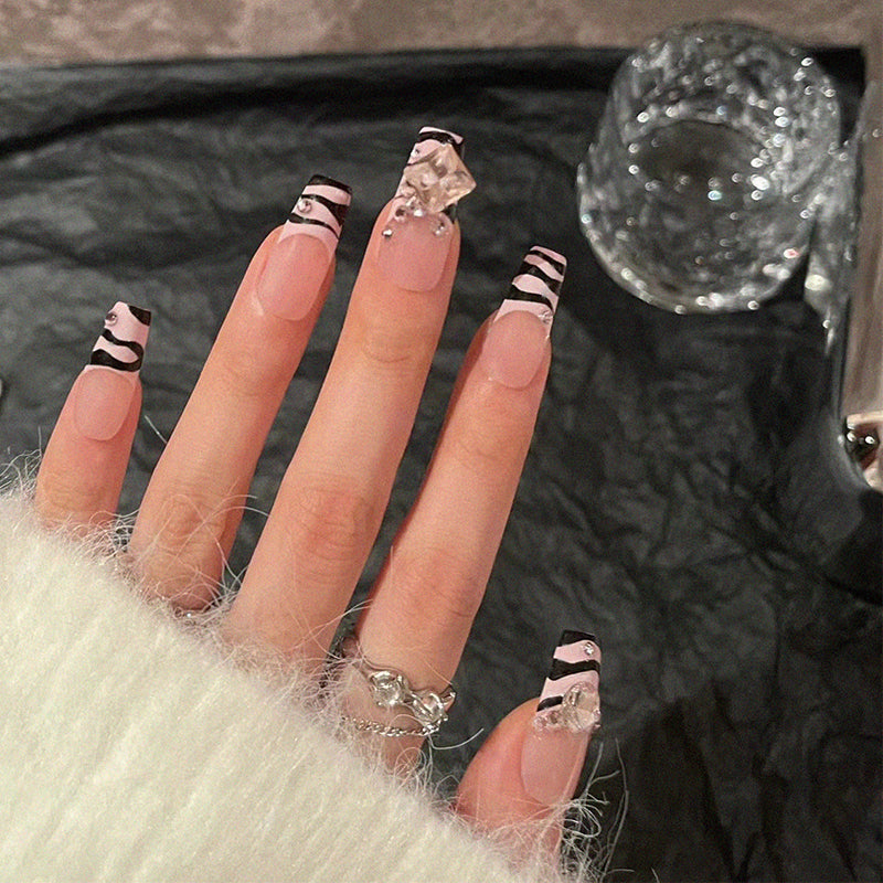 Elegant Evening Long Square Black and White Marble Press-On Nail Set with Accent Gemstones