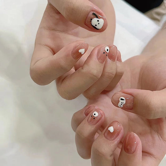 Panda Paradise Short Oval Beige Press On Nails With Cute Animal Accents And Sparkle Detail