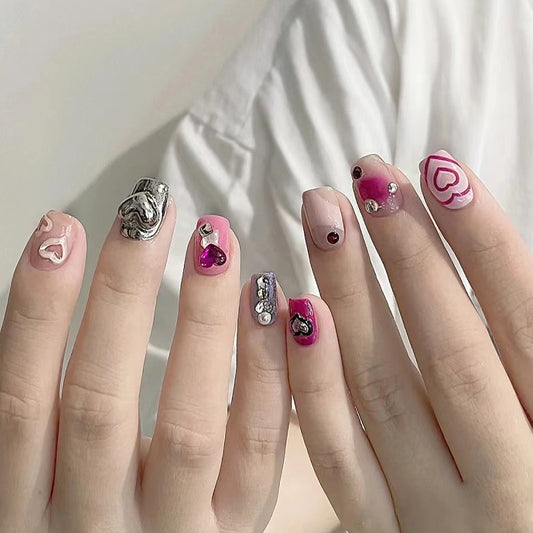 Enchanted Elegance Medium Length Square Shape Nail Set in Pink Hues with Rhinestone Embellishments