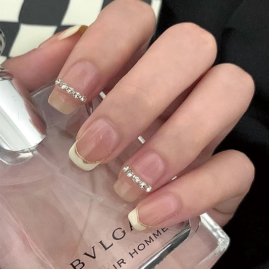 Elegant Bridal French Manicure Medium Length Square Press On Nails with Glitter Accents in Classic beige and White