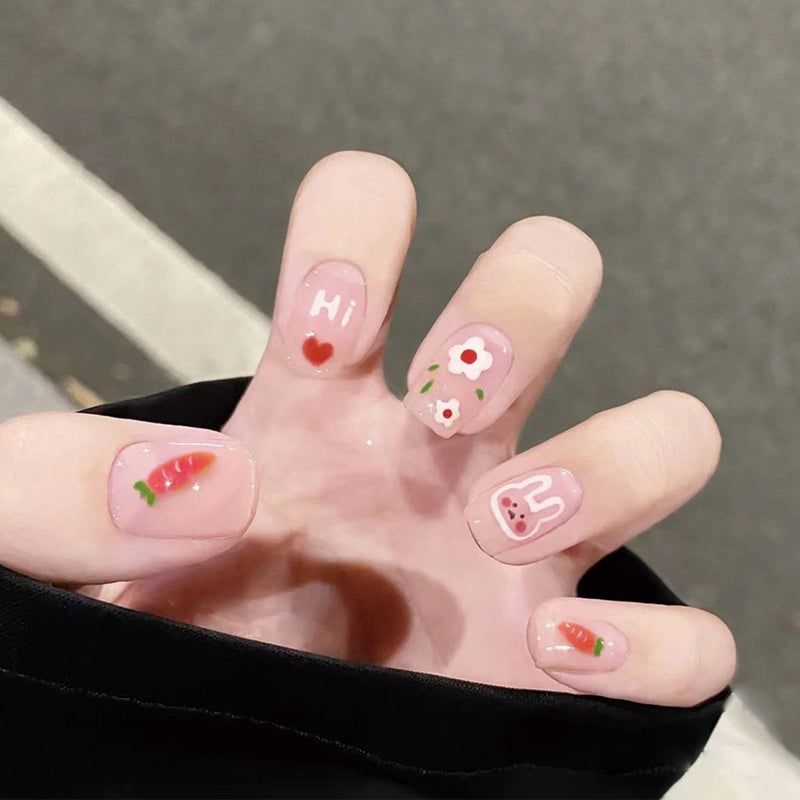 Cherry Blossom Festival Medium Square Pink Press On Nails with Floral and Fruit Accents