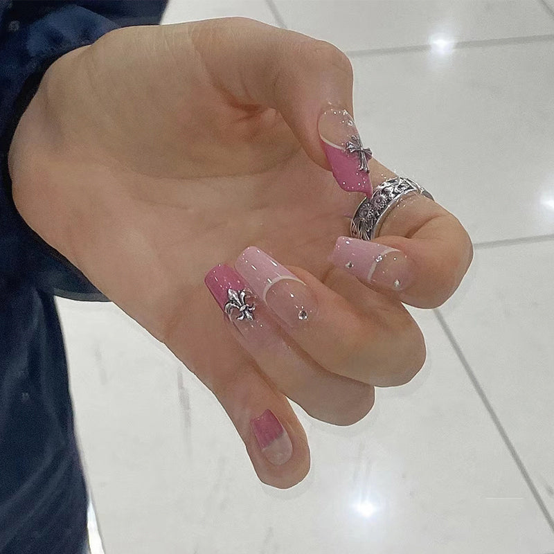 Elegant Sparkle Long Coffin Pink Press On Nail Set with Rhinestone Accents