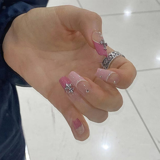 Elegant Sparkle Long Coffin Pink Press On Nail Set with Rhinestone Accents