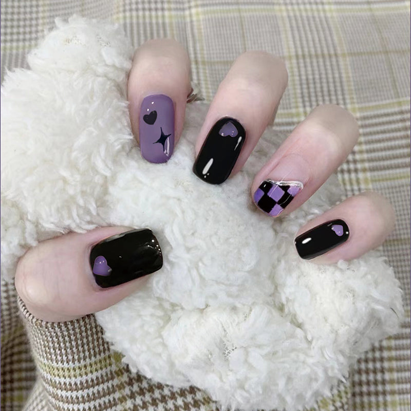 Enchanted Evening Medium Square Press On Nail Set in Black and Lavender with Whimsical Animal Accents
