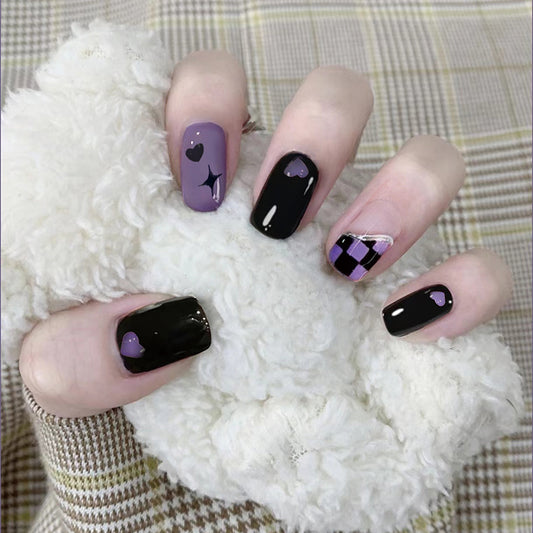 Enchanted Evening Medium Square Press On Nail Set in Black and Lavender with Whimsical Animal Accents
