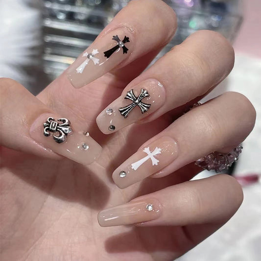 Enchanted Elegance Long Coffin Beige Press On Nails with Sparkling Charms and Rhinestones