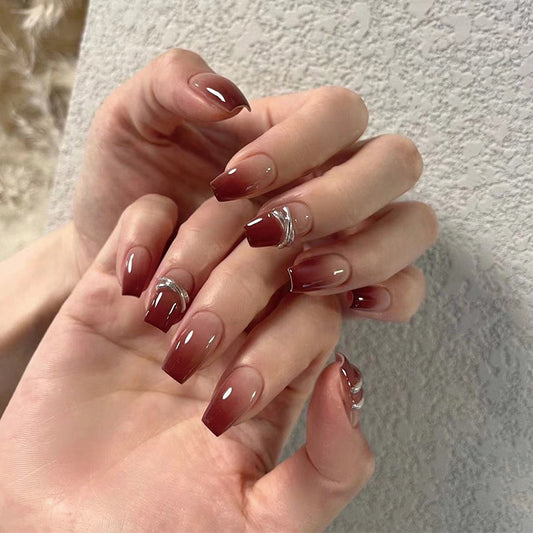 Elegant Maroon Coffin Long Press On Nails with Rhinestone Accents