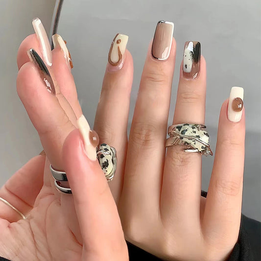Fashion Forward Long Square Beige Press On Nail Set with Abstract Black and White Accents
