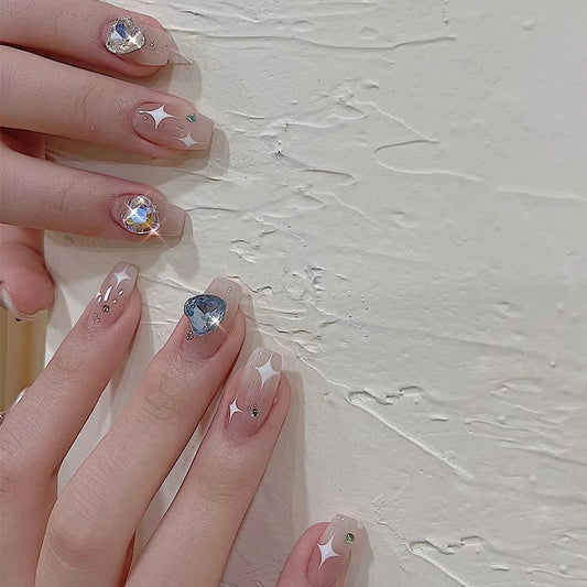 Elegant Crystal Charm Long Coffin Beige Press On Nail Set with Sparkling Embellishments