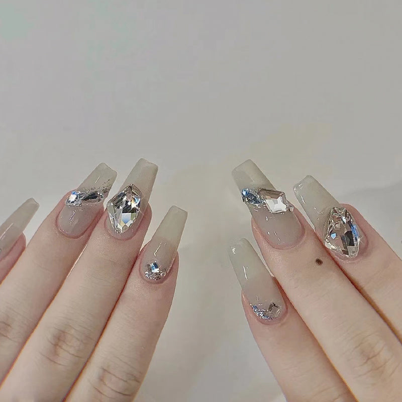 Crystal Gala Long Coffin Clear Press On Nail Set with Sparkling Rhinestone Accents