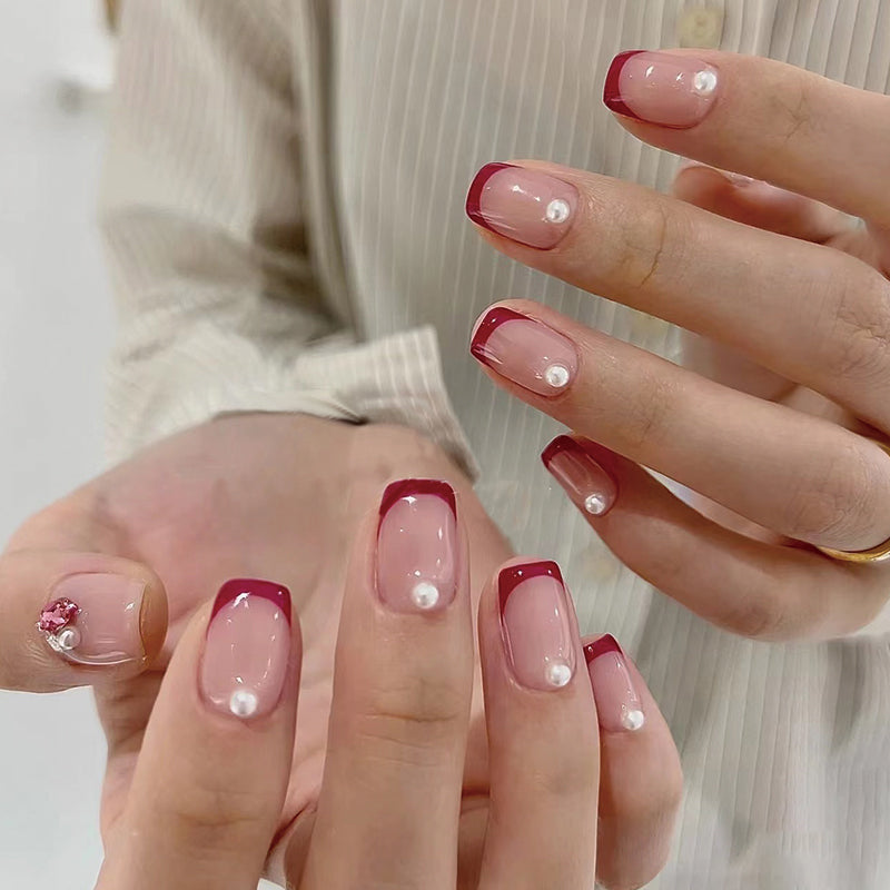 Elegant Evening Medium Square Burgundy & Transparent Ombre Press On Nail Set with Pearlescent Accents