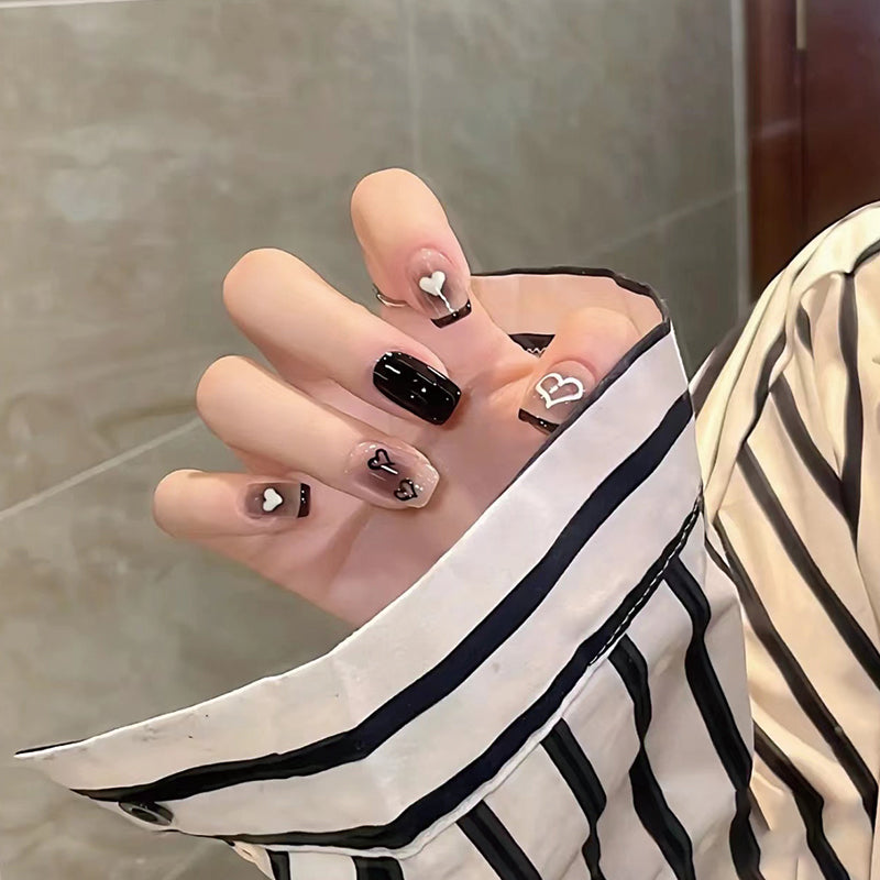 Elegant Romance Long Square Black and beige Press On Nail Set with Rhinestone Accents