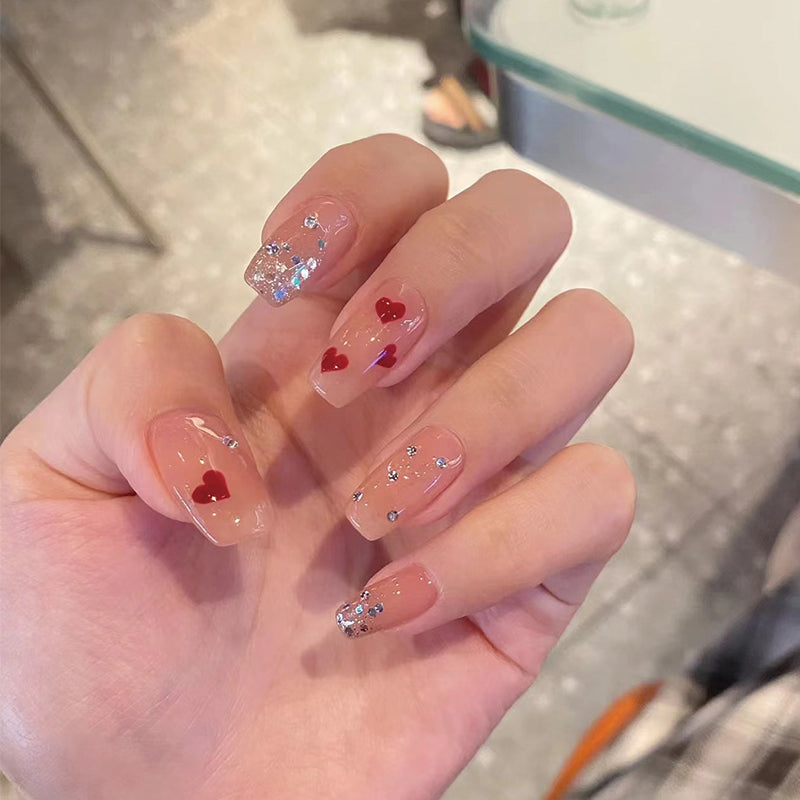 Romantic Sparkle Long Length Square Shape Beige Press On Nails with Glitter and Heart Accents