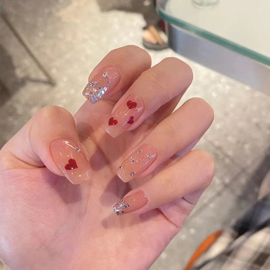 Romantic Sparkle Long Length Square Shape Beige Press On Nails with Glitter and Heart Accents