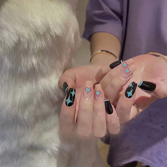 Enchanted Evening Extravaganza Long Coffin Black Teal Heart Accent Press On Nail Set