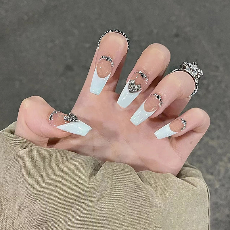 Elegant Bridal Extra Long Coffin White Press on Nails with Rhinestone Accents and Glitter Detail