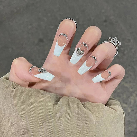 Elegant Bridal Extra Long Coffin White Press on Nails with Rhinestone Accents and Glitter Detail