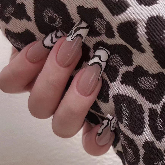 Safari Chic Long Coffin beige Press On Nails with Black and White Abstract Swirl Accents