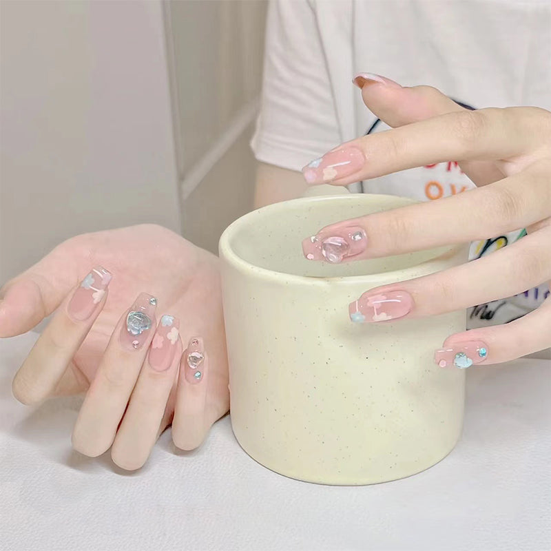 Spring Blossom Long Length Coffin Pink Ombre Press On Nails with Floral Accents and Rhinestone Embellishments