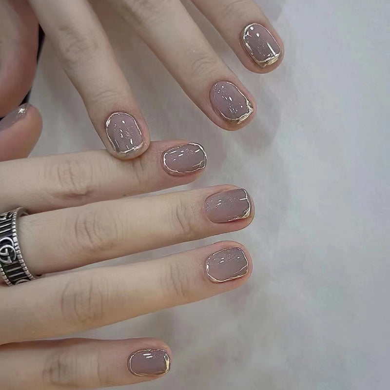 Elegant Rose Gold-Tipped Short Length Oval Beige Press On Nail Set with Glossy Finish