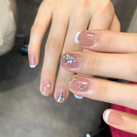 Elegant Bridal Short Length Oval Beige Press On Nail Set with Rhinestone Accents and French Tips