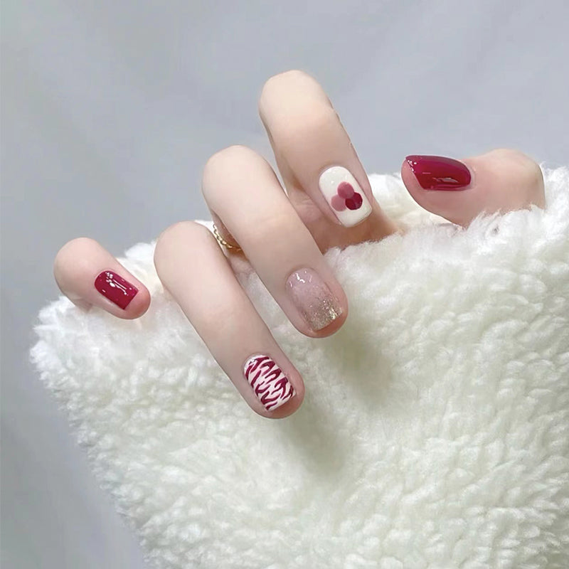 Enchanted Garden Medium Square Burgundy and Beige Press On Nail Set with Glitter Accents and Floral Design