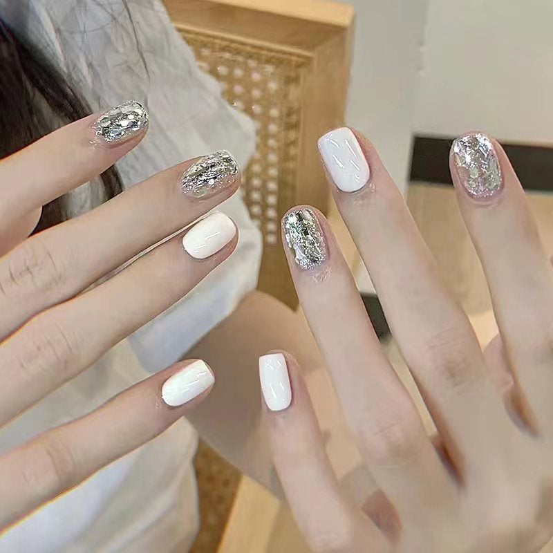 Elegant Affair Short Square White Press On Nails with Silver Glitter Accents