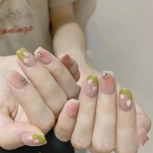 Enchanted Garden Medium-Length Square-Shaped Pastel Pink and Green Press On Nail Set with Crystal Accents
