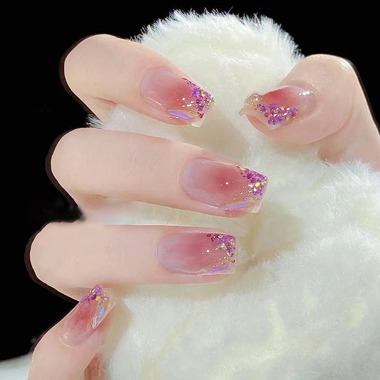 Enchanted Evening Long Square Beige Press On Nails with Sparkling Glitter Accents