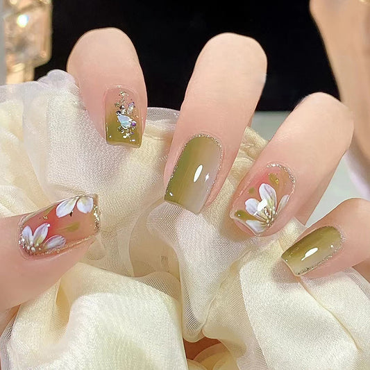 Enchanted Garden Medium Square Olive Green Floral Embellished Press on Nail Set