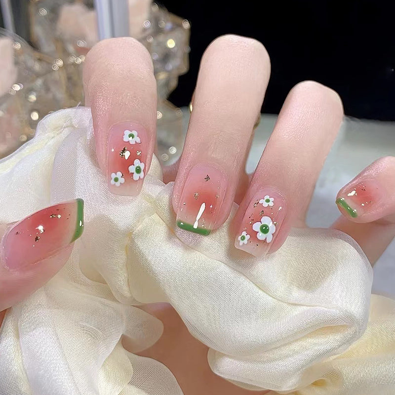 Spring Blossom Medium-Length Square-Shaped Pink Press On Nail Set with Green Tips and White Floral Accents