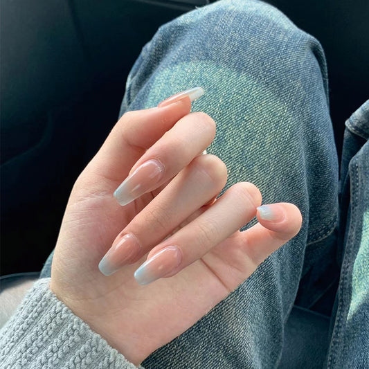 Enchanted Elegance Long Coffin Ombre Pink to Transparent Press On Nail Set with Glossy Finish