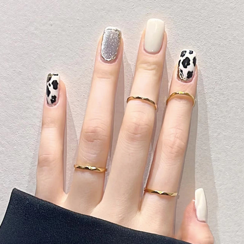 Chic Safari Glam Long Square Beige and Black Press On Nail Set with Animal Print and Glitter Accents