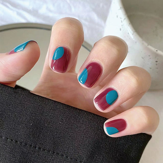 Boho Chic Medium-Length Round Press On Nails with Burgundy and Teal Color Block Design