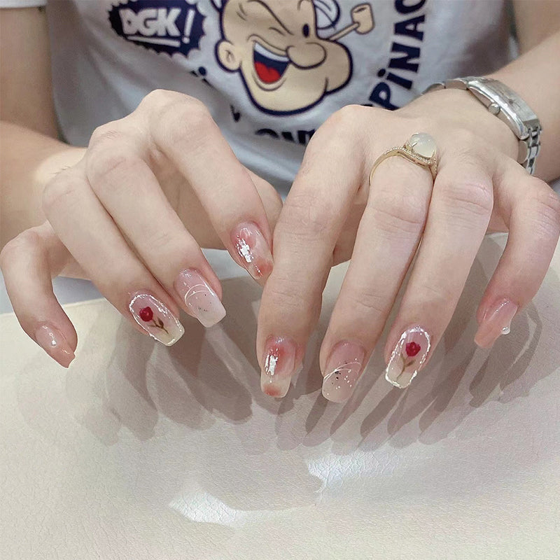 Elegant Romance Long Square Beige Press On Nail Set with Rhinestone Accents