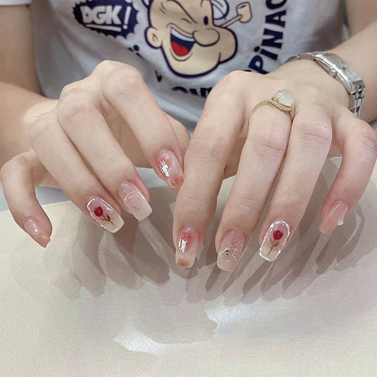 Elegant Romance Long Square Beige Press On Nail Set with Rhinestone Accents