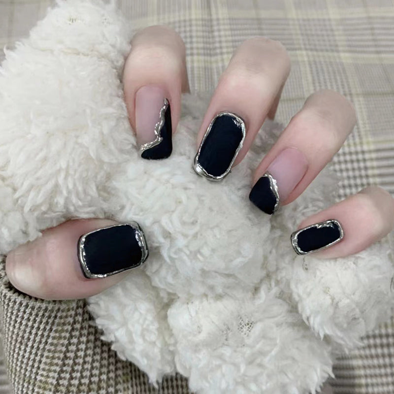 Elegant Evening Medium Square Black Press On Nails with Glamorous Silver Accents