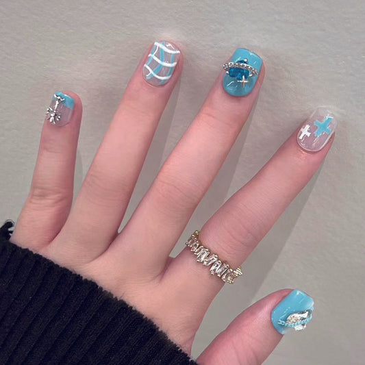 Mermaid Fantasy Medium Length Square Press On Nails in Pastel Blue with Rhinestone Embellishments and Glitter Accents
